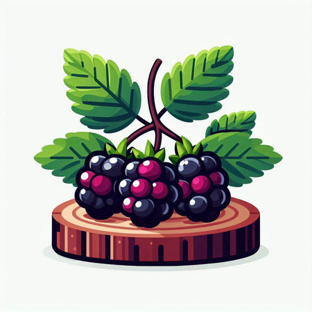 Ripe blackberries on a wooden stand with leaves. Vector illustration.のイラスト素材