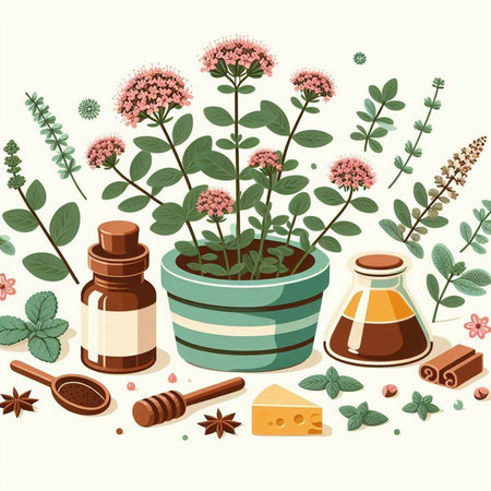Herbs and spices. Vector illustration of herbs in a pot.のイラスト素材