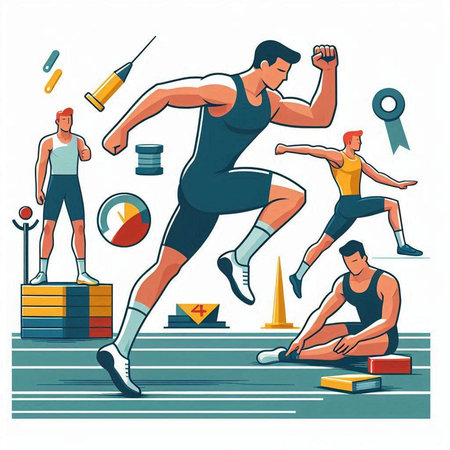 Sportive man in sportswear running on the track. Vector illustrationのイラスト素材