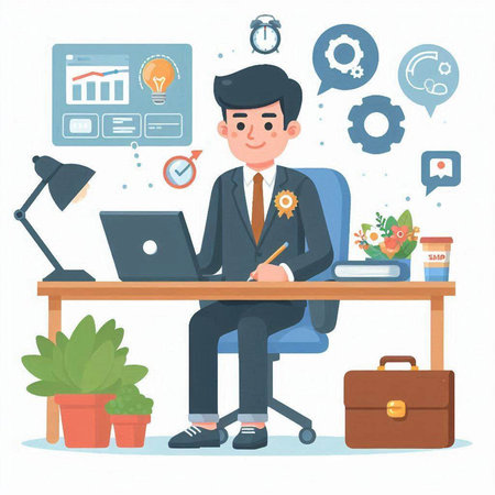 Businessman sitting at office desk and working on laptop. Vector illustration.のイラスト素材