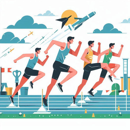 Vector illustration of a group of men running in the stadium. Runners.のイラスト素材