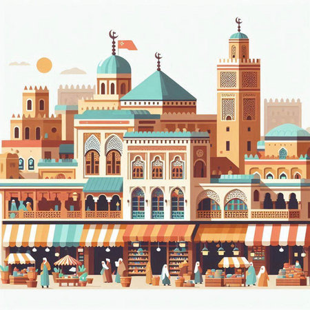 Colorful illustration of Ramadan Kareem islamic market in flat styleのイラスト素材