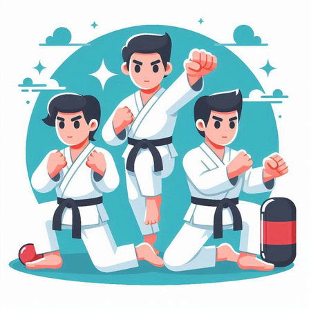 Taekwondo kids vector illustration. Cartoon karate kids in white kimono and black belt trainingのイラスト素材