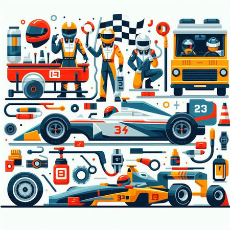 Set of racing equipment flat style vector illustration. Racing car, race car, motorcyclist, racer, driver, driver, racers, race car.のイラスト素材