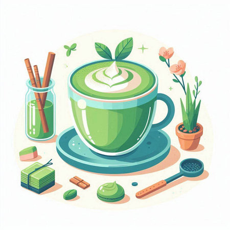 Matcha latte in a cup and ingredients. Vector illustration.のイラスト素材