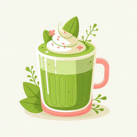Green tea latte with whipped cream and green leaves. Vector illustration.のイラスト素材