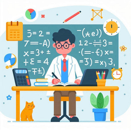 Teacher at the desk in the classroom. Flat vector illustration.のイラスト素材