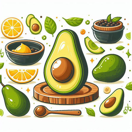 Avocado and ingredients for making smoothies. Vector illustration on white background.のイラスト素材