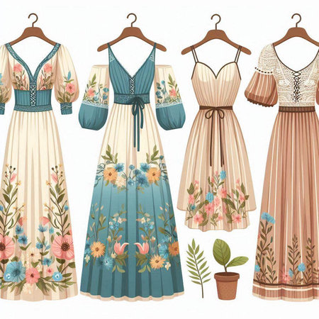 Wedding dresses with flowers and leaves. Vector illustration in retro style.のイラスト素材