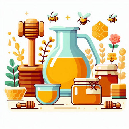 Honey jar and honey dipper with honeycomb, bee, honey dipper, honeycombs, flowers and plants. Flat vector illustration.のイラスト素材