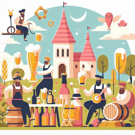 Oktoberfest festival flat design concept with people drinking beer and having fun vector illustrationのイラスト素材