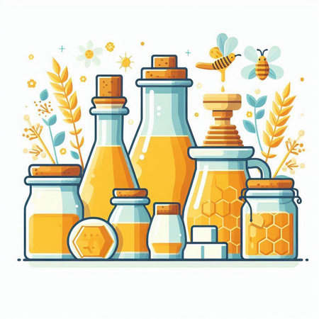 Honey in glass bottles and jars. Vector illustration in flat styleのイラスト素材