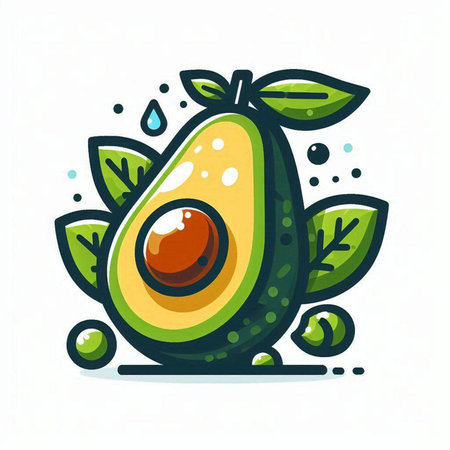 Avocado fruit with leaves and water drops. Hand drawn vector illustration.のイラスト素材