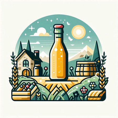 Vector illustration of bottle of wine on the background of mountain landscape.のイラスト素材