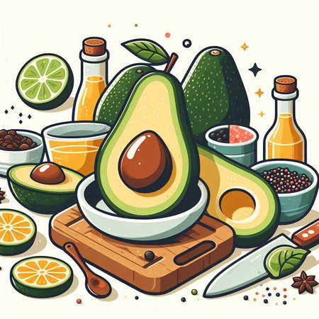 Avocado and ingredients for cooking healthy food. Vector illustration in cartoon style.のイラスト素材