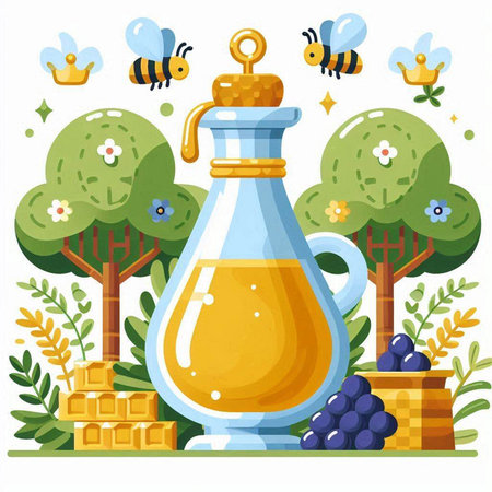 Vector illustration of a bottle of honey and bees. Flat style.のイラスト素材
