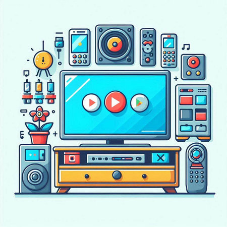 Flat design modern vector illustration concept of home entertainment technology. Video player, tv, headphones, speakers, remote control, music player, media player, audio mixer, speaker.のイラスト素材