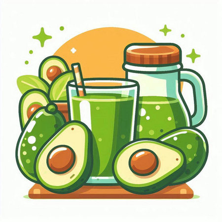 Avocado juice in a glass and fresh avocados, vector illustrationのイラスト素材