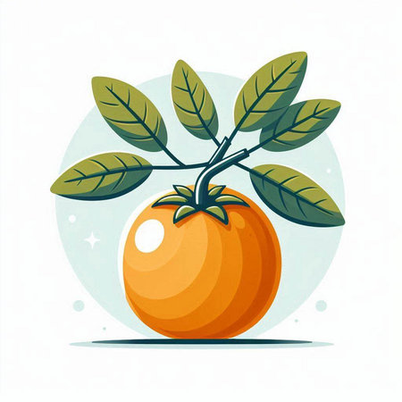 Orange tomato on a branch with leaves. Vector illustration in cartoon style.のイラスト素材