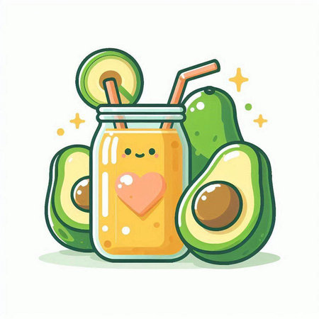 Avocado smoothie in a glass jar with a straw, vector illustrationのイラスト素材