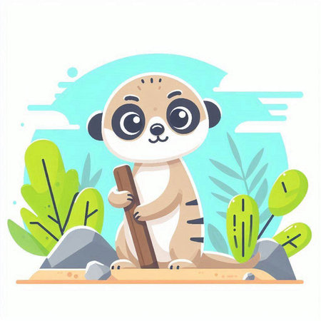 Cute baby meerkat sitting on the sand and holding a wooden stick. Vector illustration.のイラスト素材