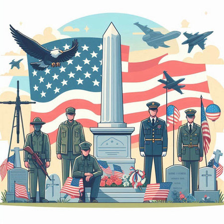 Patriotic composition with american soldiers and graves. Flat vector illustration.のイラスト素材