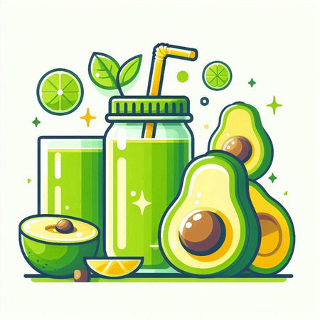 Avocado smoothie and ingredients. Vector illustration in flat style.のイラスト素材