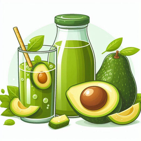 Avocado smoothie in a glass with ingredients, vector illustration.のイラスト素材