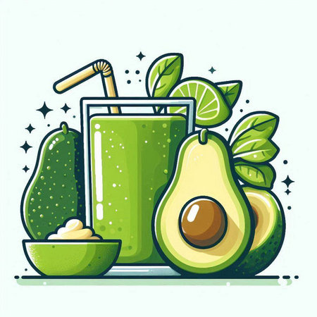 Avocado smoothie. Hand drawn vector illustration in cartoon style.のイラスト素材