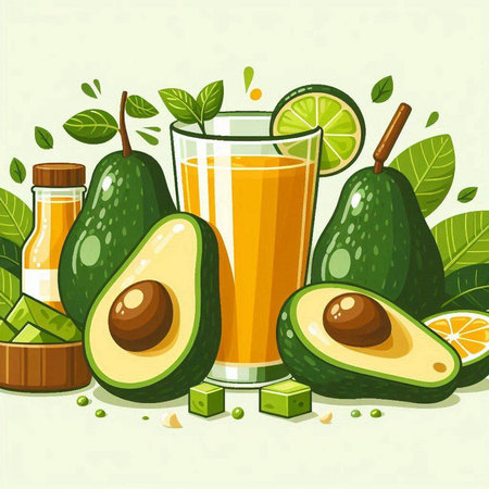 Vector illustration of fresh avocado juice in glass and ingredients for smoothieのイラスト素材