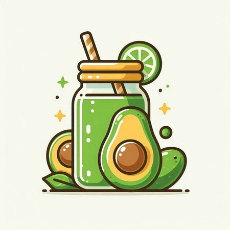Avocado smoothie in a jar with straw and lime. Vector illustration.のイラスト素材