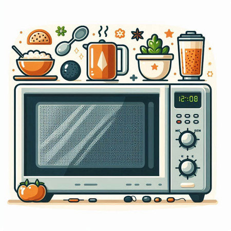Kitchen microwave oven with food and vegetables. Vector illustration in cartoon style.のイラスト素材