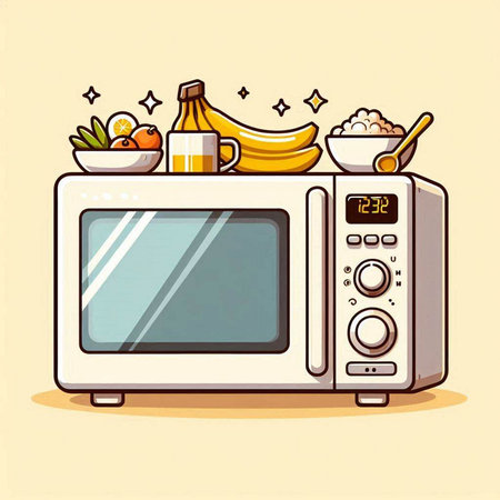 Microwave oven with kitchen utensils. Vector illustration.のイラスト素材