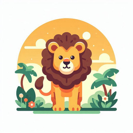 Cute lion in the jungle. Vector illustration in flat style.のイラスト素材