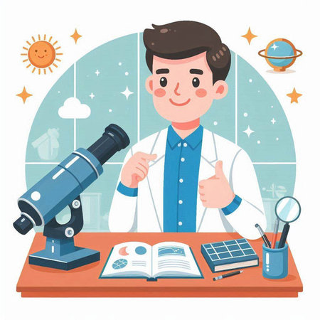 Scientist working with microscope. Vector illustration in flat cartoon style.のイラスト素材