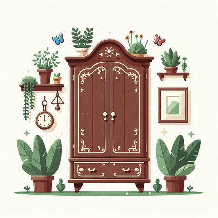 Vector illustration of a wooden cupboard with plants. Cartoon style.のイラスト素材