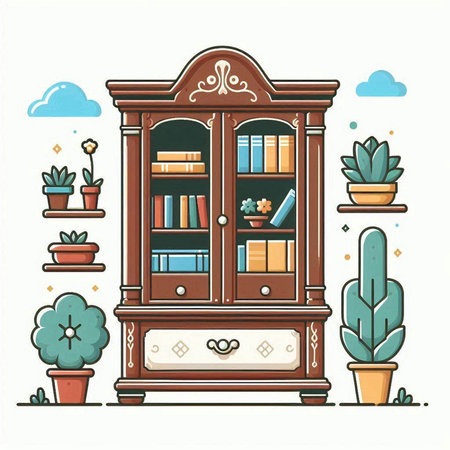 Cabinet with books and plants. Vector illustration in cartoon style.のイラスト素材