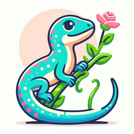 Cute lizard sitting on a branch and holding a flower. Vector illustration.のイラスト素材