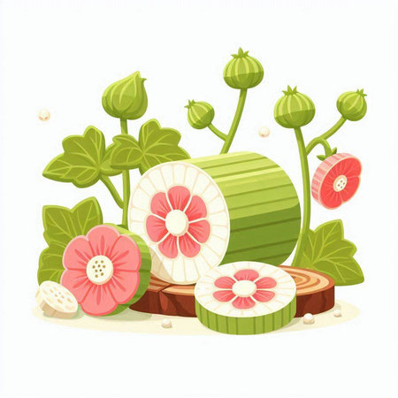 Sliced grapefruit with leaves and flowers. Vector illustration.のイラスト素材