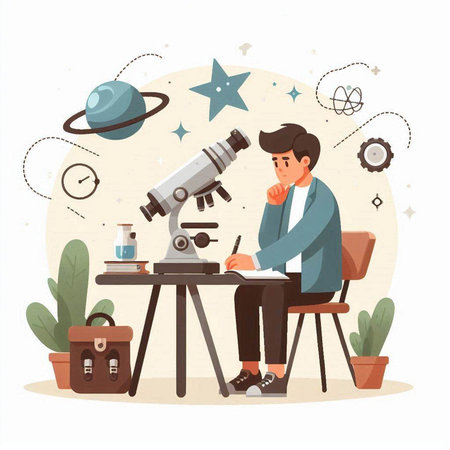 Scientist working with microscope. Cartoon vector illustration. Science and education concept.のイラスト素材