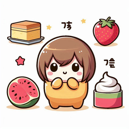 Illustration of a Cute Girl Eating a Cake with Berriesのイラスト素材