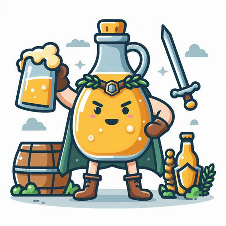 Cartoon bottle of orange juice with a sword. Vector illustration.のイラスト素材