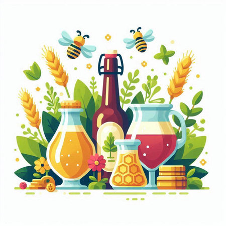 Set of flat design vector icons of honey, wheat, honeycomb, honey jar, honeycomb, bee.のイラスト素材