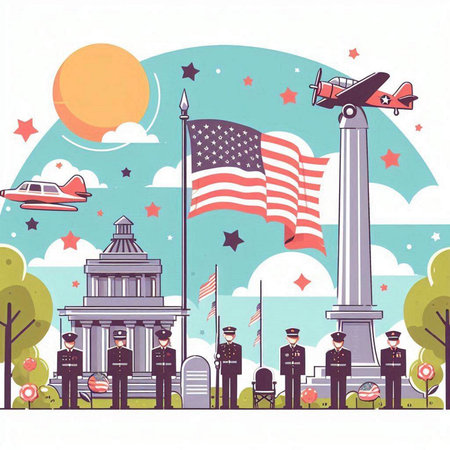 United States of America Memorial with American Flag and Airplanes. Vector illustration.のイラスト素材