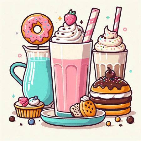 Colorful vector illustration of different types of milkshakes with ice cream, donuts and cookiesのイラスト素材