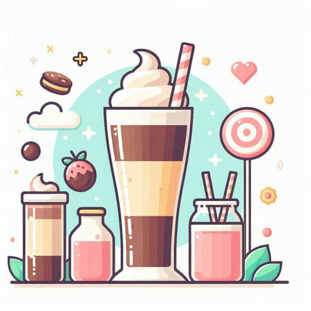 Coffee and sweets in flat style. Vector illustration of a cup of coffee with ice cream, chocolate, caramel, donut, ice cream, milkshake.のイラスト素材