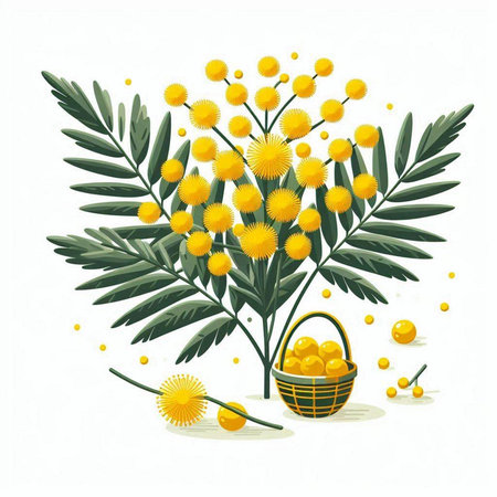 Basket with mimosa flowers isolated on white background. Vector illustration.のイラスト素材