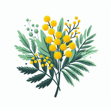 Bouquet of yellow mimosa flowers with green leaves. Vector illustration.のイラスト素材