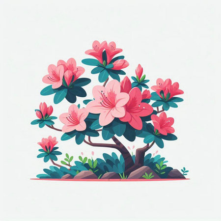 Azalea blooming in the garden. Vector illustration in cartoon style.のイラスト素材