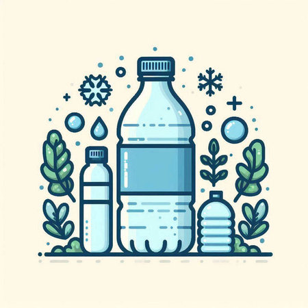 Plastic bottle with water and leaves. Vector illustration in flat linear style.のイラスト素材